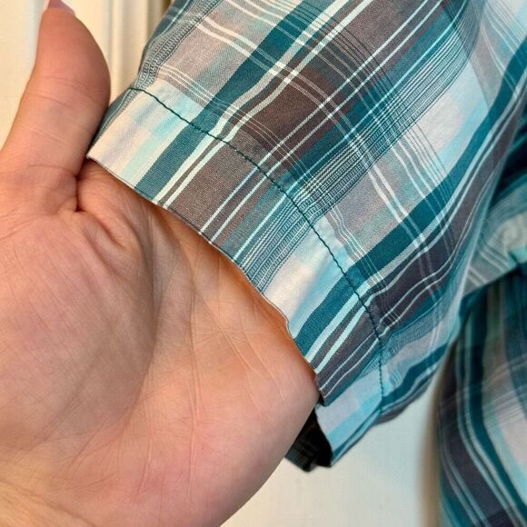 prAna Men's Milo Short Sleeve Shirt Green Plaid Pearl Snap Organic Cotton Large - Picture 3 of 9